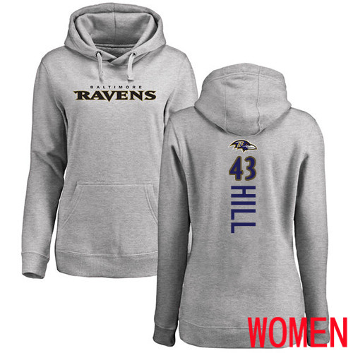 Baltimore Ravens Ash Women Justice Hill Backer NFL Football 43 Pullover Hoodie Sweatshirt